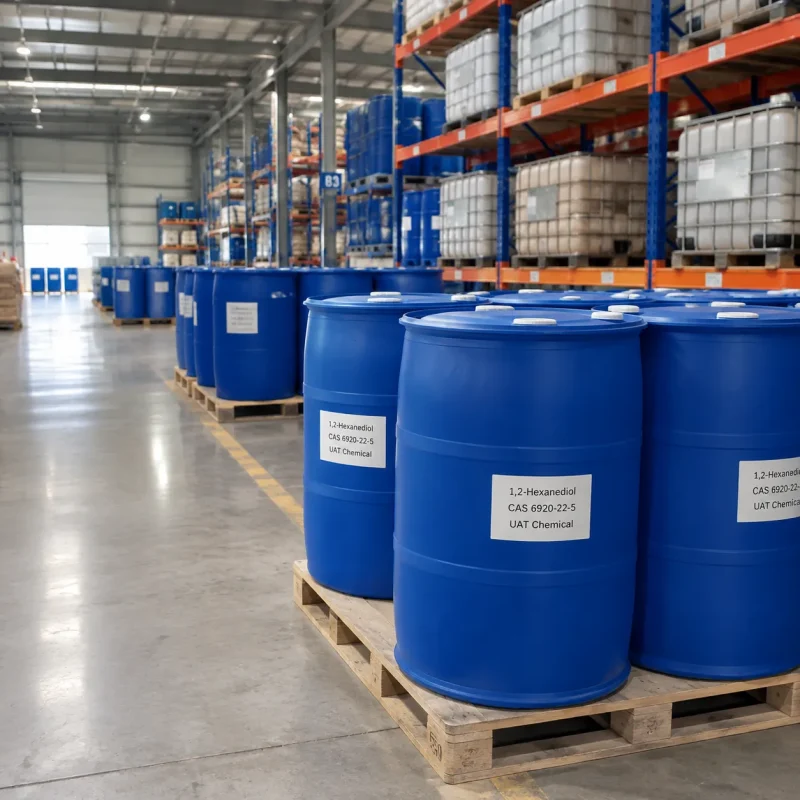 1-2-hexanediol-cas-6920-22-5-200l-blue-plastic-drums-bulk-storage Industrial-grade 1,2-Hexanediol CAS 6920-22-5 stored in 200 L blue plastic drums on pallets in UAT Chemical warehouse.