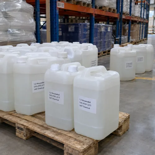 1,2-Hexanediol CAS 6920-22-5 in 25 L white HDPE jerrycans on wooden pallets in UAT Chemical warehouse, ready for bulk export.