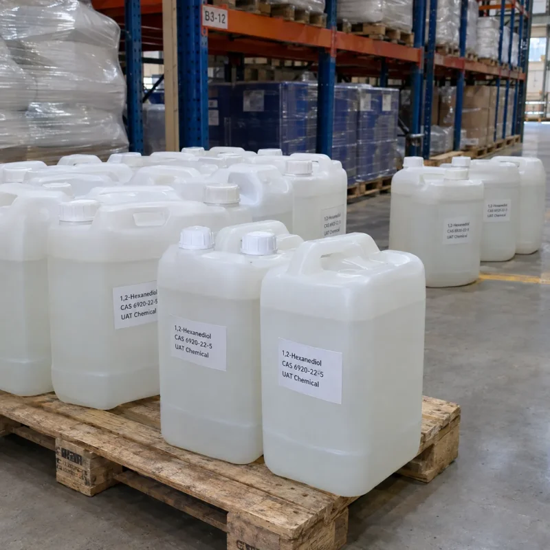 1-2-hexanediol-cas-6920-22-5-25l-hdpe-jerrycans-warehouse 1,2-Hexanediol CAS 6920-22-5 in 25 L white HDPE jerrycans on wooden pallets in UAT Chemical warehouse, ready for bulk export.