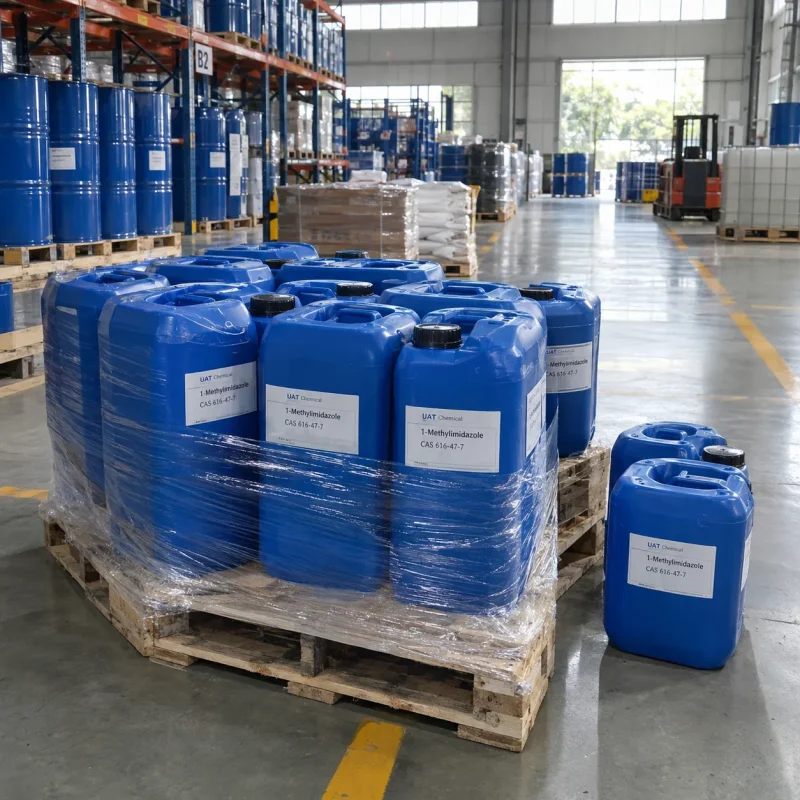 1-methylimidazole-cas-616-47-7-blue-plastic-jerrycans-pallet Shrink-wrapped blue plastic jerrycans of 1-Methylimidazole CAS 616-47-7 on a wooden pallet in a warehouse with racks and a forklift in the background.