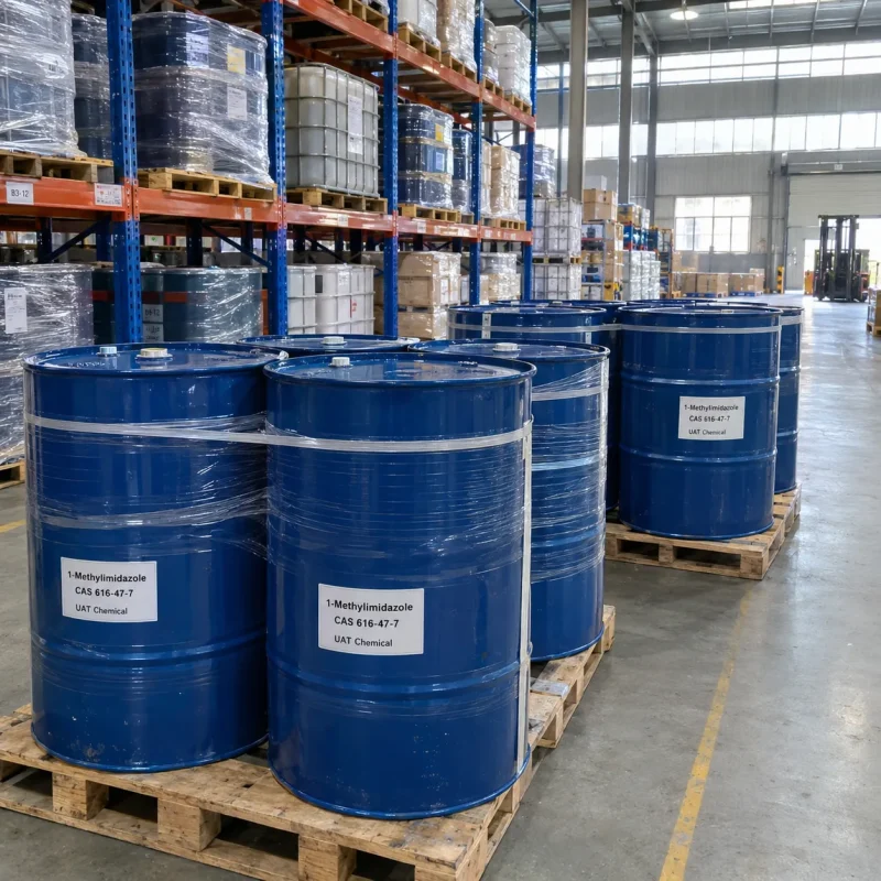 1-methylimidazole-cas-616-47-7-blue-steel-drums-pallet Blue steel drums labeled 1-Methylimidazole CAS 616-47-7 on wooden pallets in a warehouse with storage racks and IBC tanks behind.