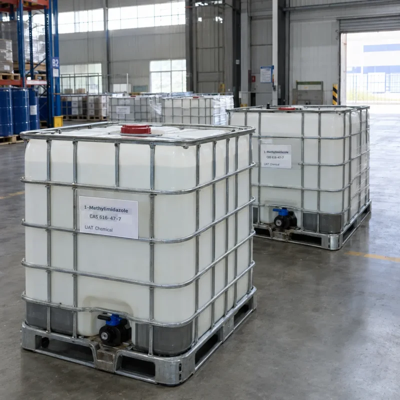 1-methylimidazole-cas-616-47-7-ibc-tanks-warehouse IBC tanks filled with colorless 1-Methylimidazole liquid CAS 616-47-7 in a warehouse with blue drums and racks in the background.