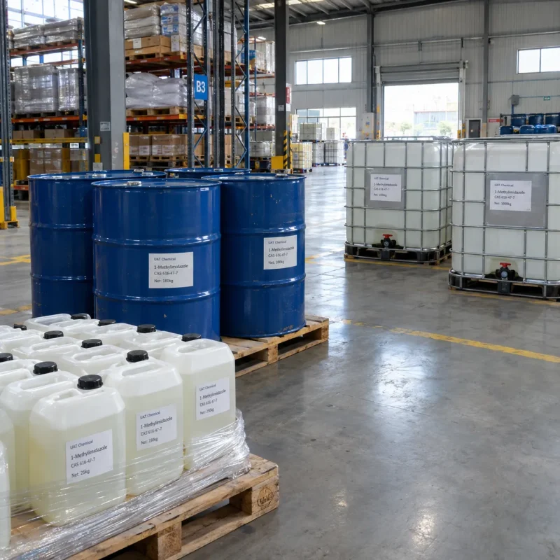 1-methylimidazole-cas-616-47-7-mixed-packaging-warehouse Mixed packaging of 1-Methylimidazole CAS 616-47-7 including 25kg plastic jerrycans, 180kg blue steel drums and 1000kg IBC tanks on pallets in a warehouse.