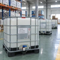 1-octanol-cas-111-87-5-ibc-totes White IBC totes of 1-octanol (CAS 111-87-5) with GHS hazard labels and bottom discharge valves lined up in a warehouse