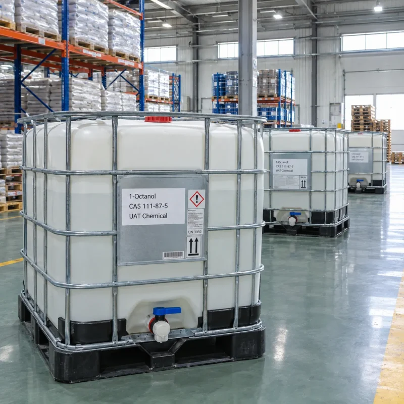1-octanol-cas-111-87-5-ibc-totes White IBC totes of 1-octanol (CAS 111-87-5) with GHS hazard labels and bottom discharge valves lined up in a warehouse