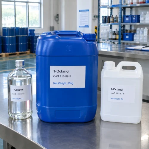 1-octanol-cas-111-87-5-sample-bottles-jerrycans 1 L glass bottle, 5 L and 25 kg plastic jerrycans of 1-octanol (CAS 111-87-5) showing clear liquid on a lab table