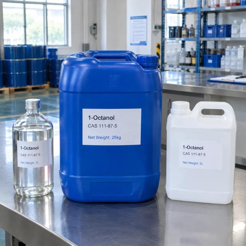 1-octanol-cas-111-87-5-sample-bottles-jerrycans 1 L glass bottle, 5 L and 25 kg plastic jerrycans of 1-octanol (CAS 111-87-5) showing clear liquid on a lab table