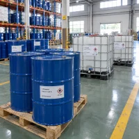 1-octanol-cas-111-87-5-steel-drums-ibc Blue steel drums and white IBC totes of 1-octanol (CAS 111-87-5) labeled UAT Chemical stored on pallets in a warehouse