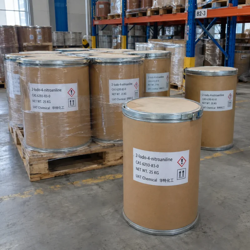 Shrink-wrapped brown fiber drums labeled 2-Iodo-4-nitroaniline CAS 6293-83-0 with 25 kg net weight and hazard symbols on a wooden pallet in a warehouse with racks behind.