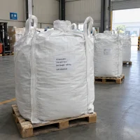 2-iodoaniline-cas-615-43-0-1000kg-fibc-bulk-bags-export White FIBC bulk bags labeled 2-Iodoaniline CAS 615-43-0 with 1000 kg net weight on wooden pallets in an export warehouse area with a forklift and container door behind.