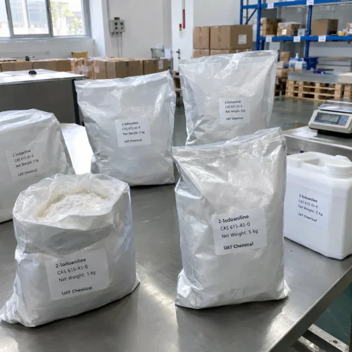 Silver foil bags of 2-Iodoaniline CAS 615-43-0 with 5 kg net weight on a stainless steel packing table, one open bag showing white powder, beside a plastic jar and a scale.