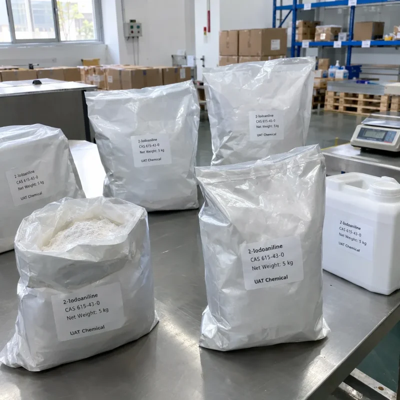 2-iodoaniline-cas-615-43-0-5kg-foil-bags-packing Silver foil bags of 2-Iodoaniline CAS 615-43-0 with 5 kg net weight on a stainless steel packing table, one open bag showing white powder, beside a plastic jar and a scale.