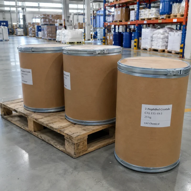 Three 25kg fiber drums of 2-Naphthol Crystals CAS 135-19-3 placed on a wooden pallet in a chemical warehouse.