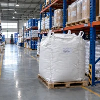 A large white FIBC bulk bag labeled 2-Naphthol Crystals CAS 135-19-3 with 500 kg net weight on a pallet in a warehouse aisle.