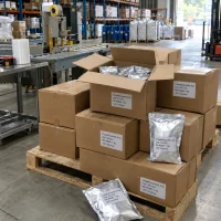 2-naphthoxyacetic-acid-cas-120-23-0-1kg-aluminum-foil-bag-carton Cartons labeled 2-naphthoxyacetic acid (CAS 120-23-0), net weight 1 kg, packed with silver aluminum foil bags and stacked on a wooden pallet