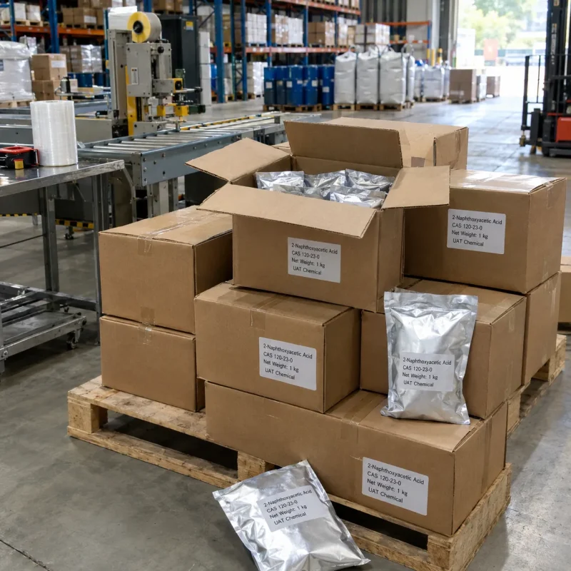2-naphthoxyacetic-acid-cas-120-23-0-1kg-aluminum-foil-bag-carton Cartons labeled 2-naphthoxyacetic acid (CAS 120-23-0), net weight 1 kg, packed with silver aluminum foil bags and stacked on a wooden pallet