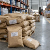 2-naphthoxyacetic-acid-cas-120-23-0-25kg-kraft-paper-bag Stacked brown kraft paper bags of 2-naphthoxyacetic acid (CAS 120-23-0), net weight 25 kg per bag, on wooden pallets in a warehouse