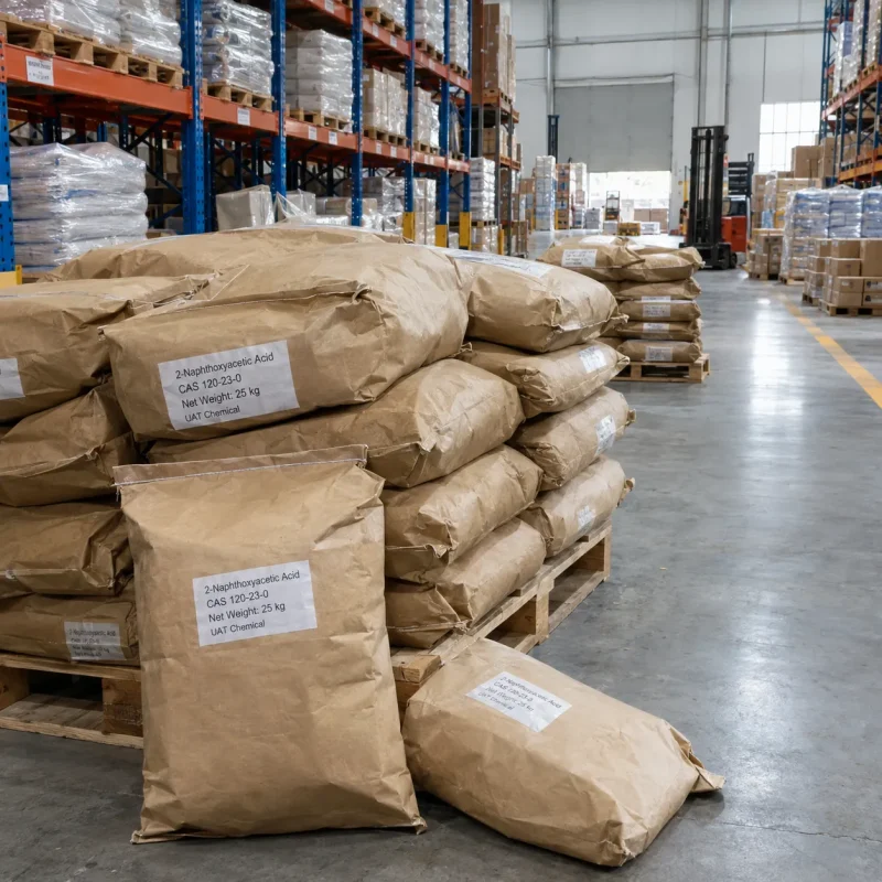 2-naphthoxyacetic-acid-cas-120-23-0-25kg-kraft-paper-bag Stacked brown kraft paper bags of 2-naphthoxyacetic acid (CAS 120-23-0), net weight 25 kg per bag, on wooden pallets in a warehouse