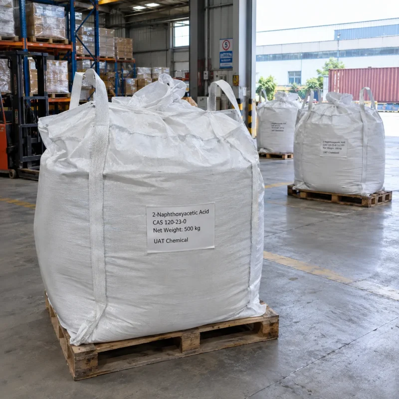 2-naphthoxyacetic-acid-cas-120-23-0-500kg-fibc-bulk-bag 500 kg white woven polypropylene FIBC bulk bag of 2-naphthoxyacetic acid (CAS 120-23-0) on a wooden pallet in a warehouse