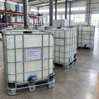 3-mercaptopropionic-acid-cas-107-96-0-1200kg-ibc-tanks-warehouse IBC tanks labeled 3-Mercaptopropionic Acid CAS 107-96-0 with 1200 kg net weight in a warehouse with storage racks and bagged stock in the background.