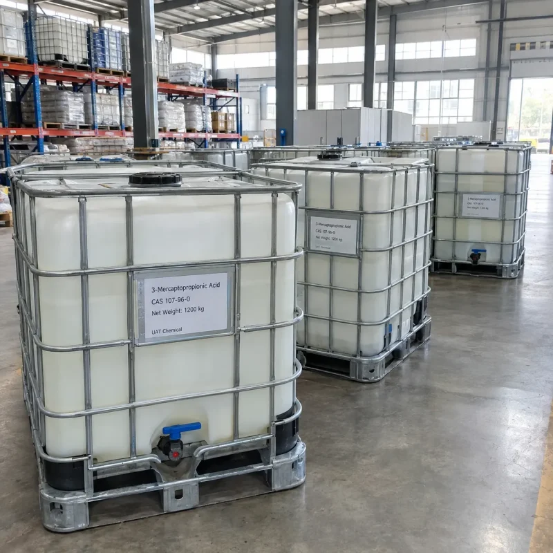 3-mercaptopropionic-acid-cas-107-96-0-1200kg-ibc-tanks-warehouse IBC tanks labeled 3-Mercaptopropionic Acid CAS 107-96-0 with 1200 kg net weight in a warehouse with storage racks and bagged stock in the background.