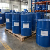 3-mercaptopropionic-acid-cas-107-96-0-200kg-blue-drums-pallet Blue drums labeled 3-Mercaptopropionic Acid CAS 107-96-0 with 200 kg net weight on wooden pallets in a warehouse with racks of drums behind.