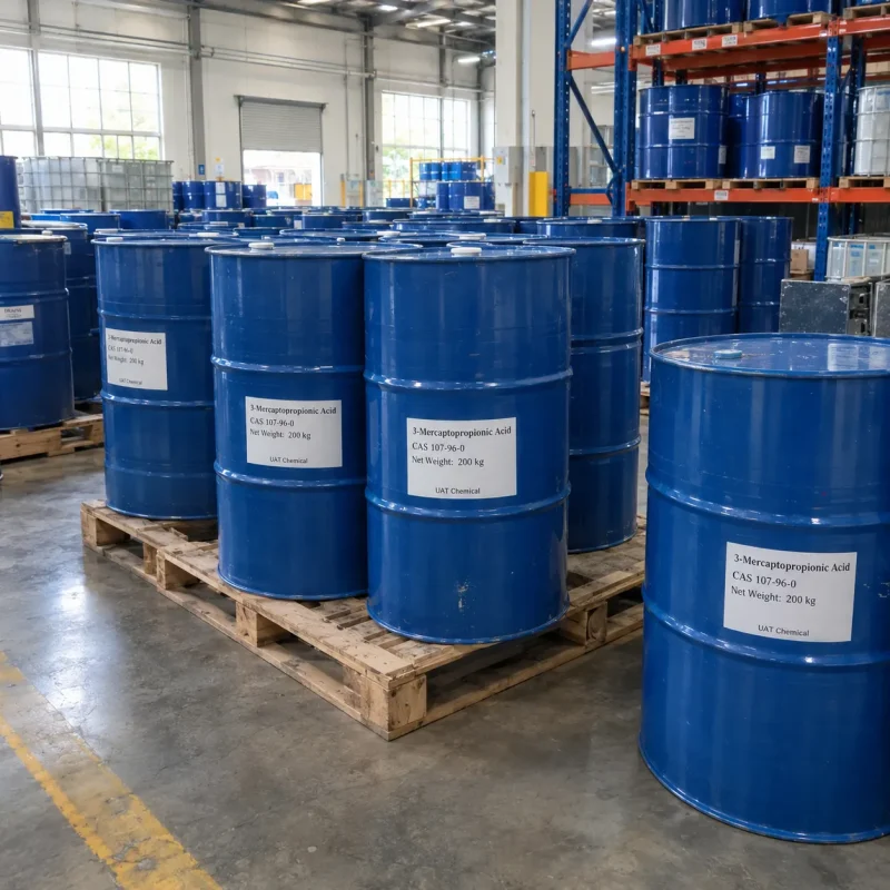 3-mercaptopropionic-acid-cas-107-96-0-200kg-blue-drums-pallet Blue drums labeled 3-Mercaptopropionic Acid CAS 107-96-0 with 200 kg net weight on wooden pallets in a warehouse with racks of drums behind.