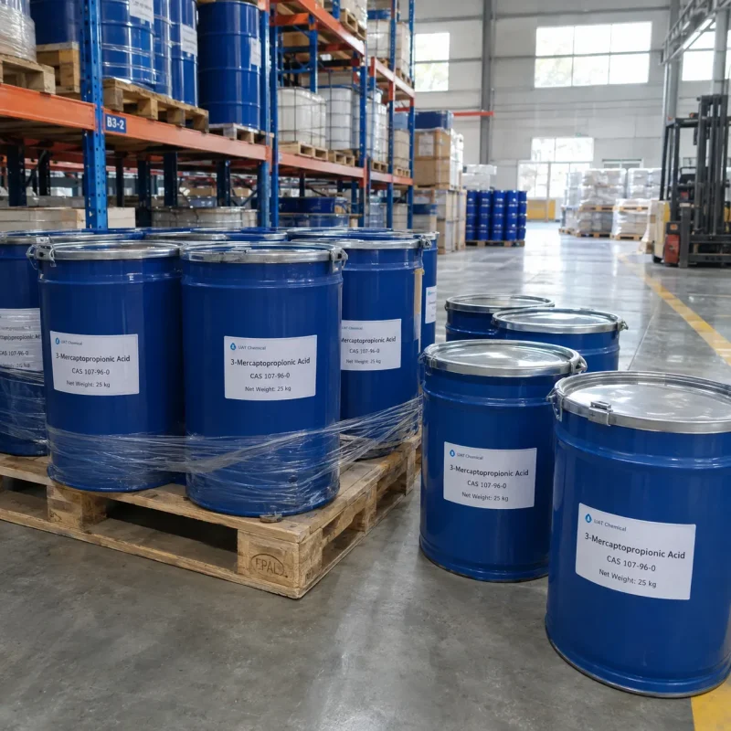 3-mercaptopropionic-acid-cas-107-96-0-25kg-blue-fiber-drums-pallet Blue fiber drums labeled 3-Mercaptopropionic Acid CAS 107-96-0 with 25 kg net weight on a wooden pallet in a warehouse with racks and a forklift in the background.