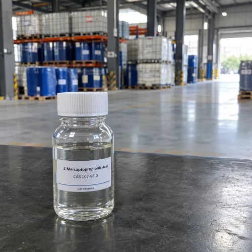 Glass bottle of colorless 3-Mercaptopropionic Acid liquid CAS 107-96-0 with a product label on a dark table in a warehouse with blue drums behind.