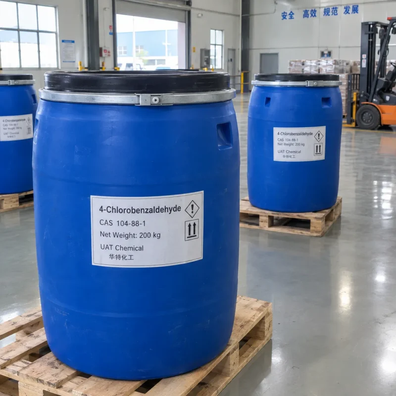 4-chlorobenzaldehyde-200kg-blue-drums-pallets 4-Chlorobenzaldehyde (CAS 104-88-1) in 200 kg blue plastic drums with hazard labels on pallets in a warehouse