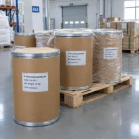 4-chlorobenzaldehyde-25kg-fiber-drums-pallet 4-Chlorobenzaldehyde (CAS 104-88-1) packed in 25 kg fiber drums on a pallet, some stretch-wrapped, in warehouse