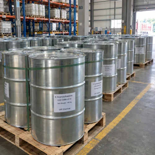 4-isopropylheptane-cas-52896-87-4-145kg-galvanized-steel-drums-strapped-pallets Galvanized steel drums of 4-isopropylheptane (CAS 52896-87-4), net weight 145 kg per drum, strapped and palletized in rows in a warehouse