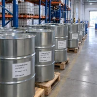 Rows of galvanized steel drums of 4-isopropylheptane (CAS 52896-87-4), net weight 145 kg per drum, on wooden pallets along a warehouse aisle