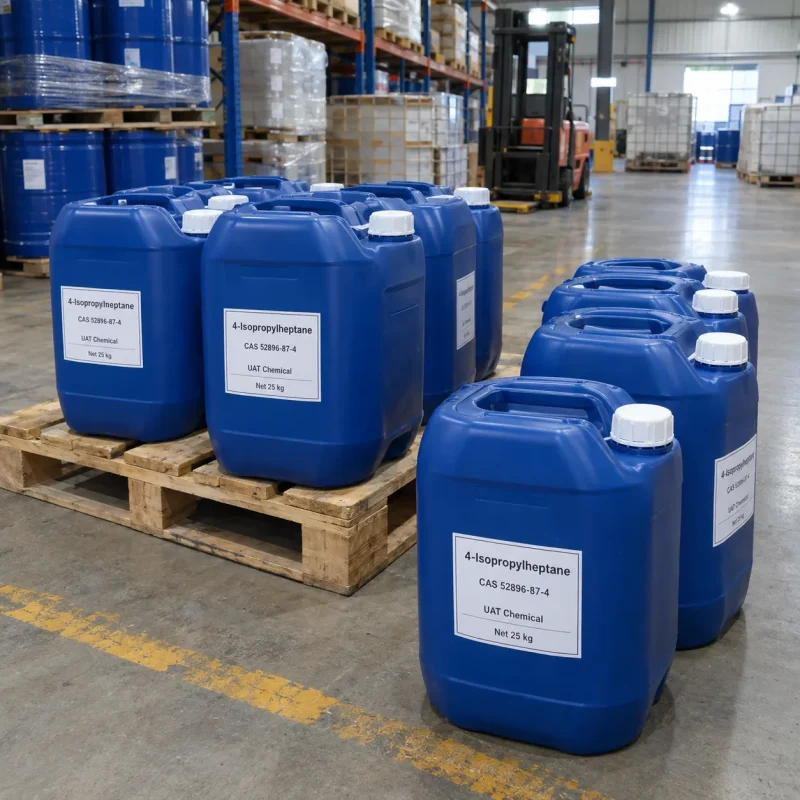Blue plastic jerrycan drums of 4-isopropylheptane (CAS 52896-87-4), net weight 25 kg each, labeled and placed on wooden pallets in a warehouse