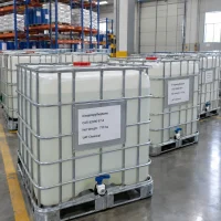 White IBC totes (intermediate bulk containers) of 4-isopropylheptane (CAS 52896-87-4), net weight 730 kg each, with metal cage frames and discharge valves, stored in a warehouse