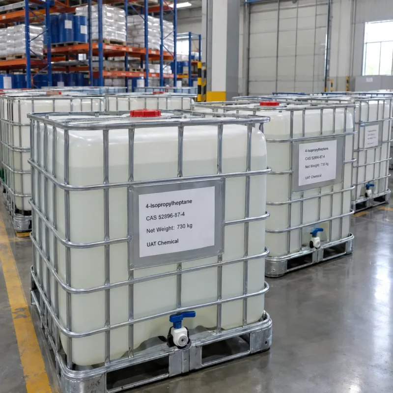 White IBC totes (intermediate bulk containers) of 4-isopropylheptane (CAS 52896-87-4), net weight 730 kg each, with metal cage frames and discharge valves, stored in a warehouse