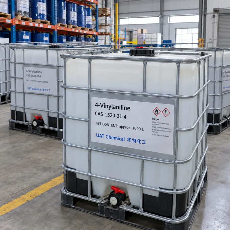 IBC tanks labeled 4-Vinylaniline (4-Aminostyrene) CAS 1520-21-4 with approx 1000 L net content and flammable hazard labels in a warehouse with racks of blue drums behind.