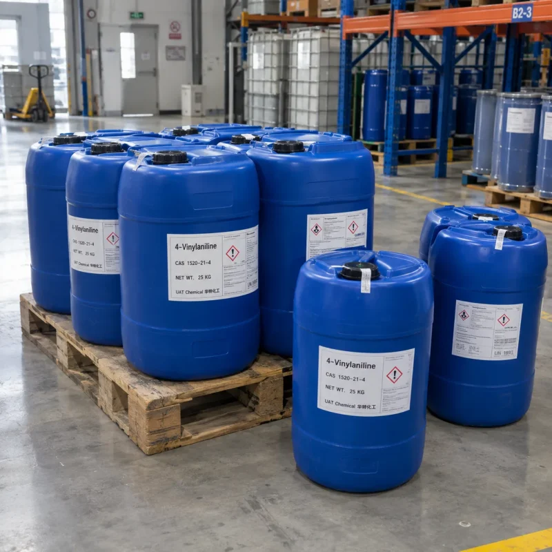 Blue plastic jerrycans labeled 4-Vinylaniline (4-Aminostyrene) CAS 1520-21-4 with 25 kg net weight and hazard symbols on a wooden pallet in a warehouse with racks and IBC tanks behind.