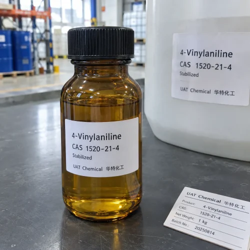 Amber glass bottle of yellow stabilized 4-Vinylaniline (4-Aminostyrene) liquid CAS 1520-21-4 with a product label and batch card on a metal table in a warehouse.