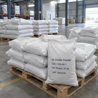 4A zeolite powder CAS 1318-02-1 in 25 kg woven bags stacked on wooden pallets in warehouse