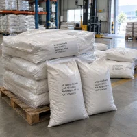 4A zeolite powder CAS 1318-02-1 in 50 kg woven bags stacked and shrink-wrapped on pallets in warehouse
