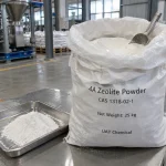 4A zeolite powder CAS 1318-02-1 white powder in open 25 kg bag with scoop and powder pile on tray