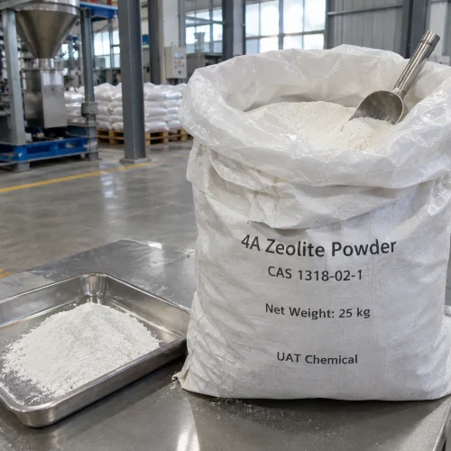 4A zeolite powder CAS 1318-02-1 white powder in open 25 kg bag with scoop and powder pile on tray