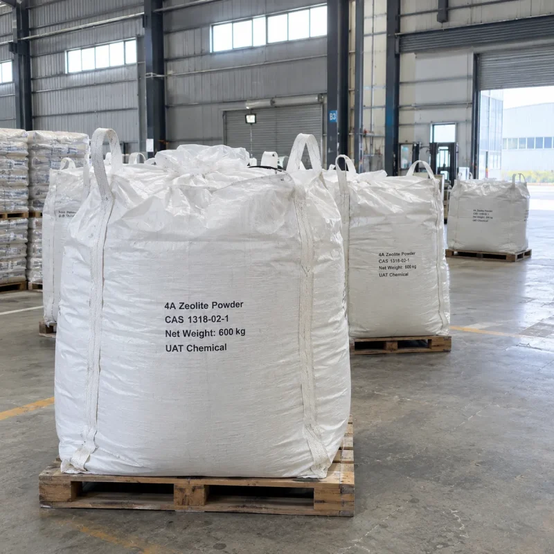 4A zeolite powder CAS 1318-02-1 in 600 kg FIBC ton bags on wooden pallets in warehouse
