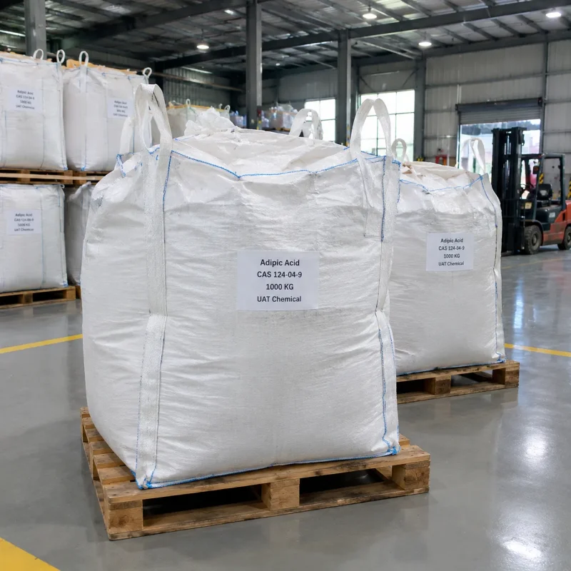 Adipic acid CAS 124-04-9 packed in 1000 kg FIBC bulk bags on wooden pallets in warehouse