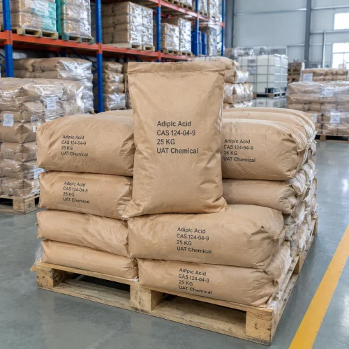 Adipic acid CAS 124-04-9 in 25 kg kraft paper bags stacked on a wooden pallet