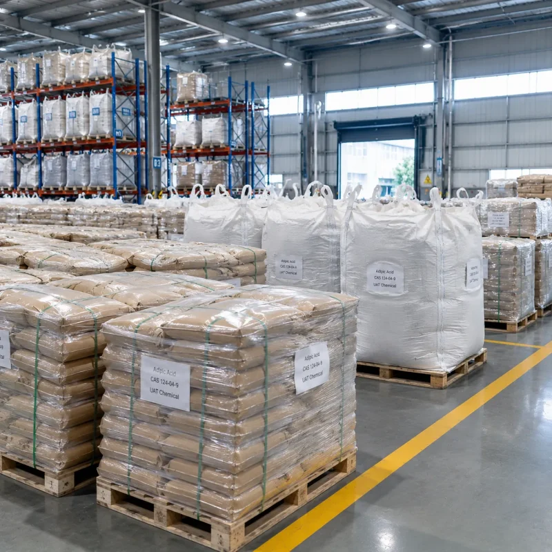 Warehouse stock of adipic acid CAS 124-04-9 in bulk bags and shrink-wrapped 25 kg bag pallets