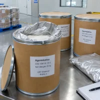 agomelatine-powder-open-fiber-drum-foil-liner Agomelatine (CAS 138112-76-2) white powder in an open 25 kg fiber drum with foil liner, lid leaning beside it
