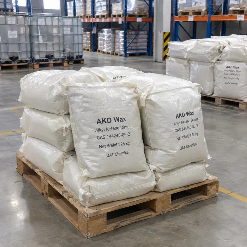 Stacked 25kg white woven bags of AKD Wax Alkyl Ketene Dimer CAS 144245-85-2 on a wooden pallet in a warehouse with IBC tanks in the background.