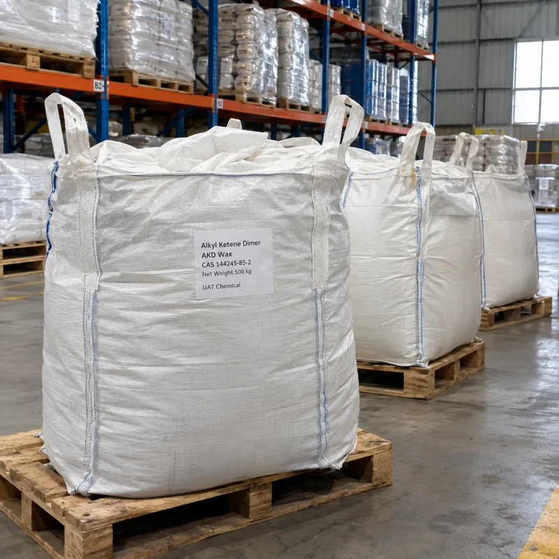 White FIBC bulk bags labeled Alkyl Ketene Dimer AKD Wax CAS 144245-85-2 with 500 kg net weight on wooden pallets in a warehouse.